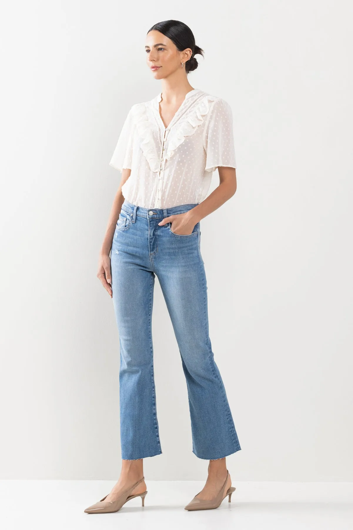 HIGH RISE KICK FLARE JEANS IN MEDIUM WITH RAW CUT HEM   /  SP-P11819M