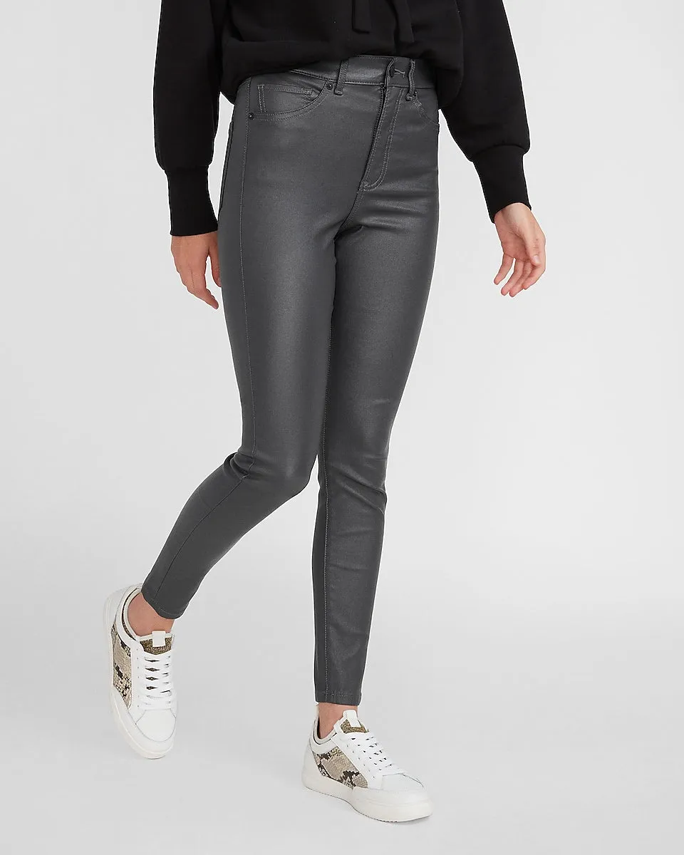 High Waisted Gray Coated Skinny Jeans in Iron