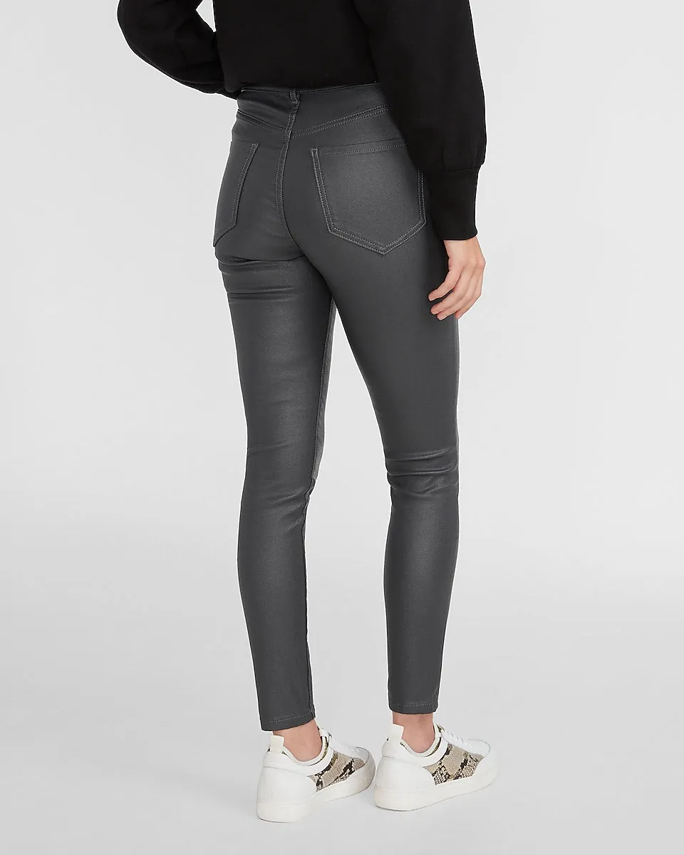 High Waisted Gray Coated Skinny Jeans in Iron