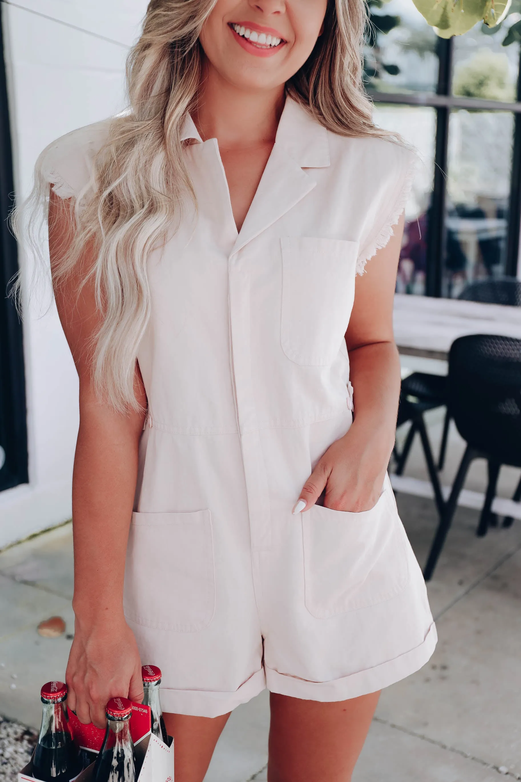 Jackson Denim Collared Romper - Cream