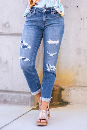 Madison Mid Rise Denim Patch Boyfriend