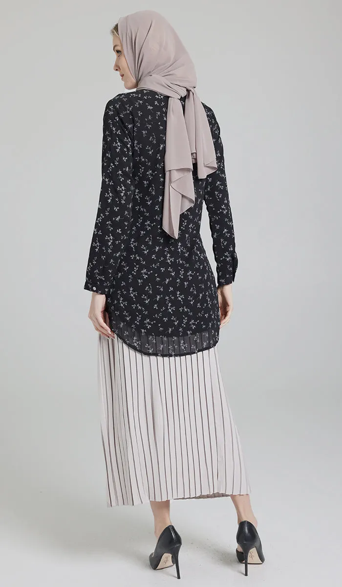 Marwa Chiffon Print Long Button down Shirt - Black/Gray