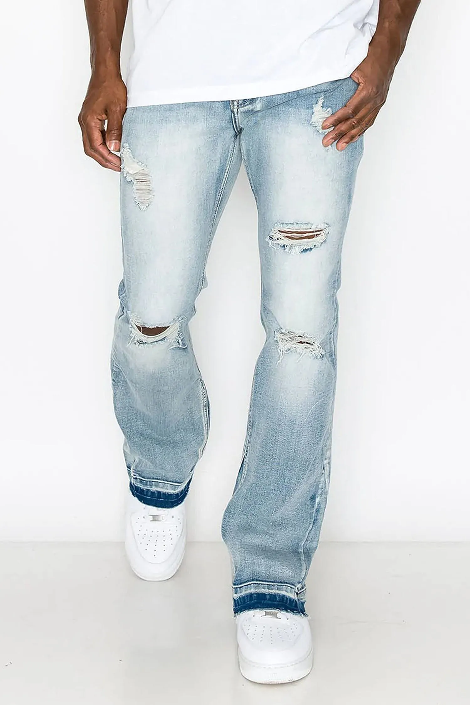 Men's Essential Distressed Light Washed Flared Denim Jeans