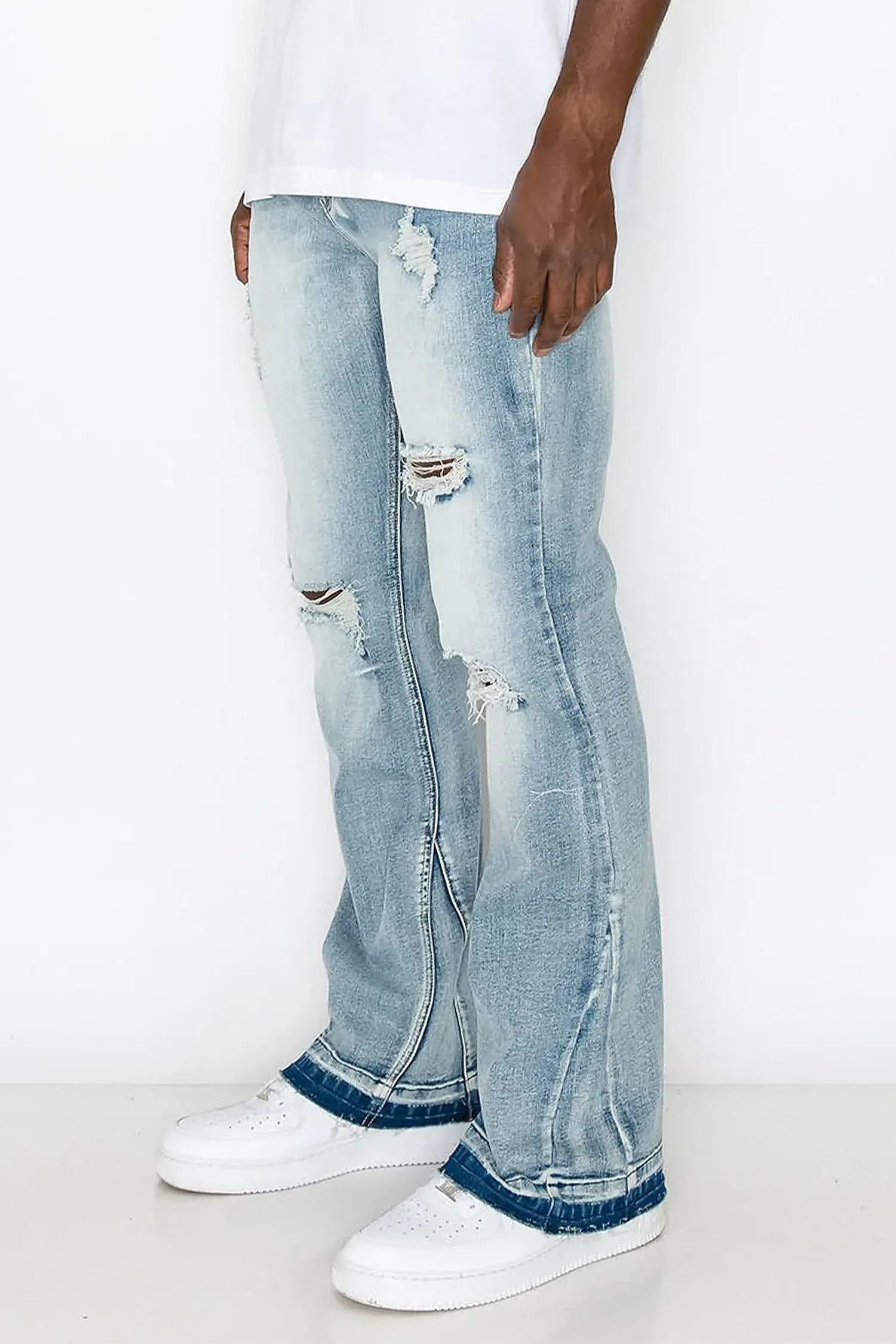 Men's Essential Distressed Light Washed Flared Denim Jeans