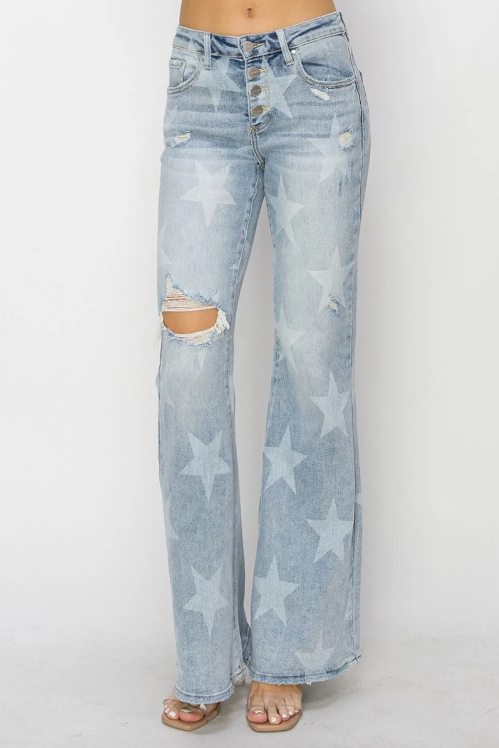 Mid Rise Button Fly Start Print Flare Jeans