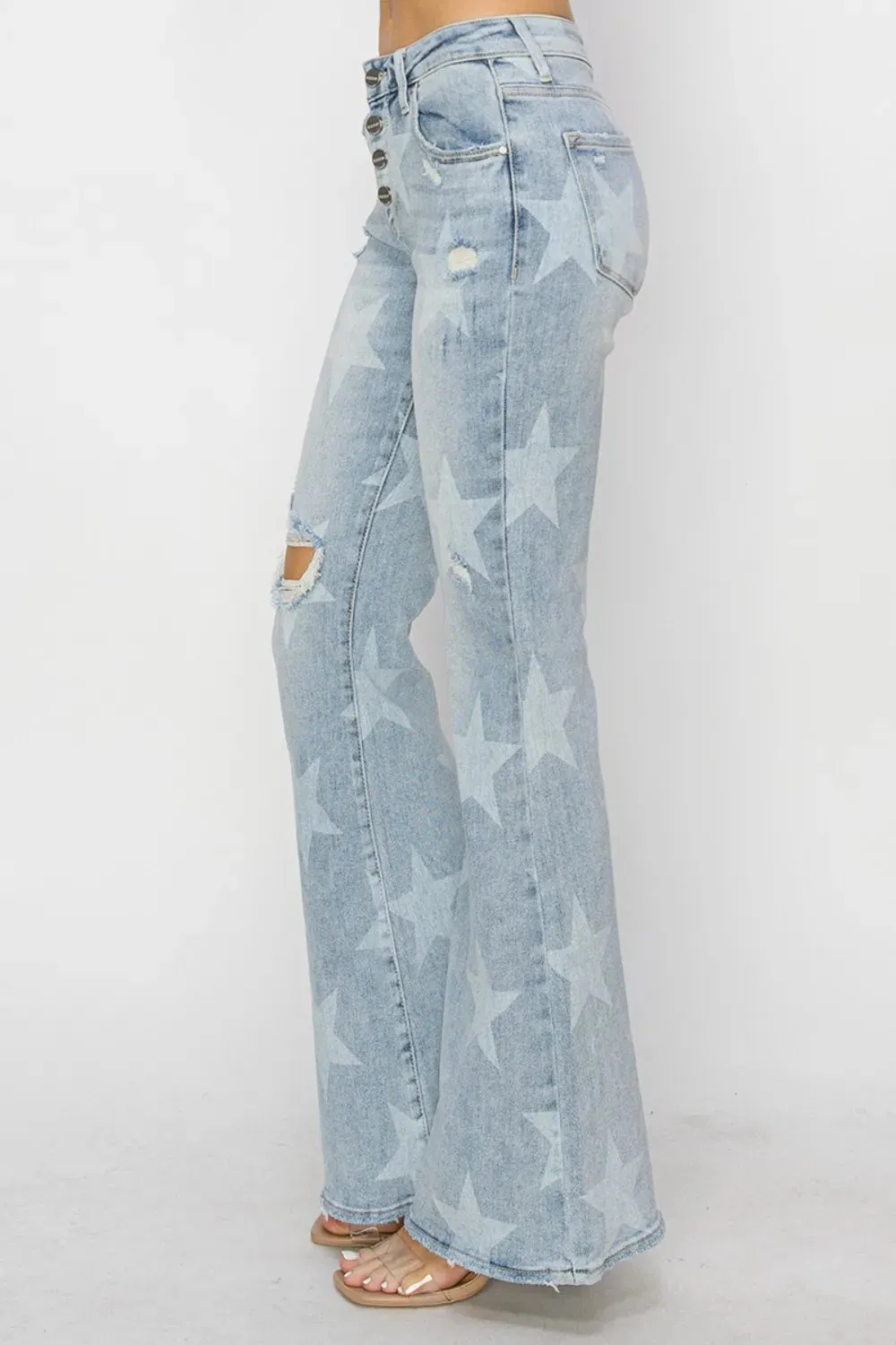 Mid Rise Button Fly Start Print Flare Jeans