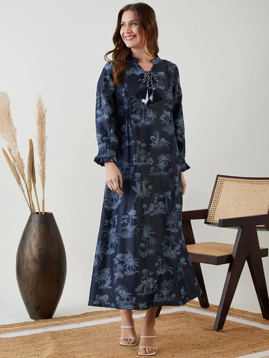 Navy Blue Tropical Indigo Denim Dress