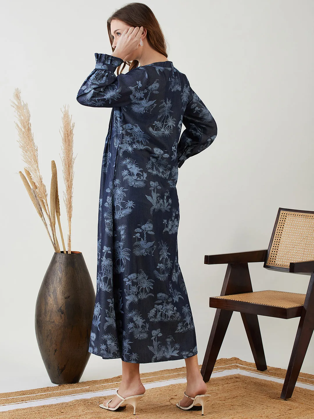 Navy Blue Tropical Indigo Denim Dress