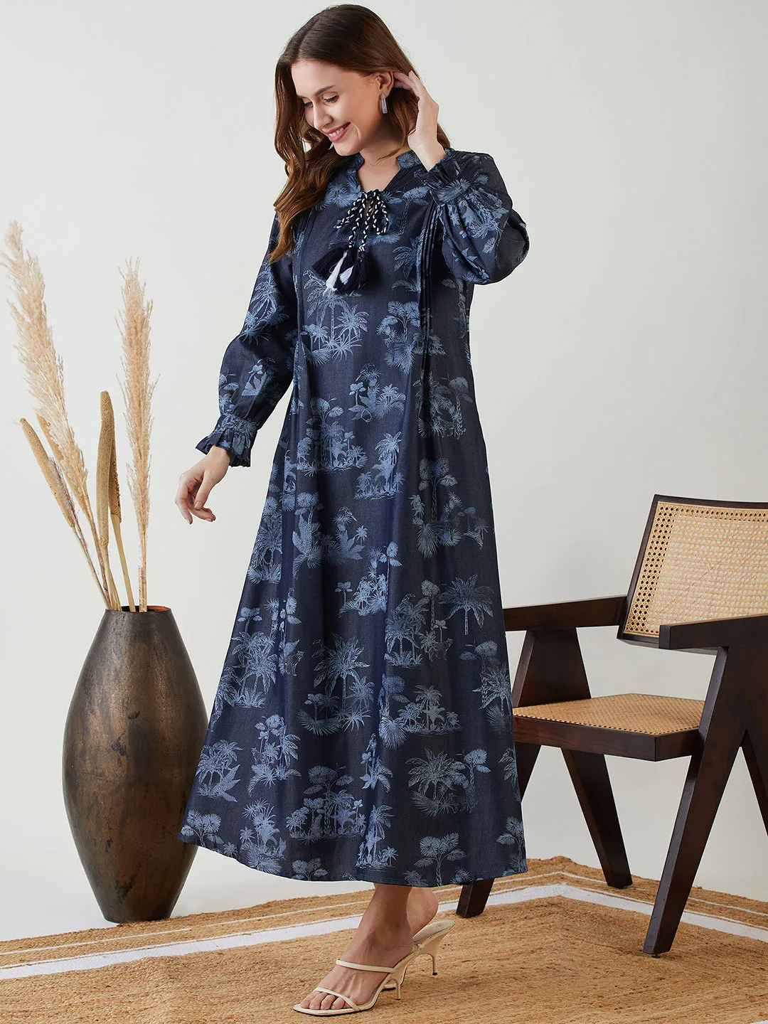 Navy Blue Tropical Indigo Denim Dress