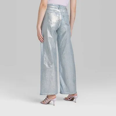 New - Women's High-Rise Wide Leg Coated Baggy Jeans - Wild Fable Silver Metallic 0