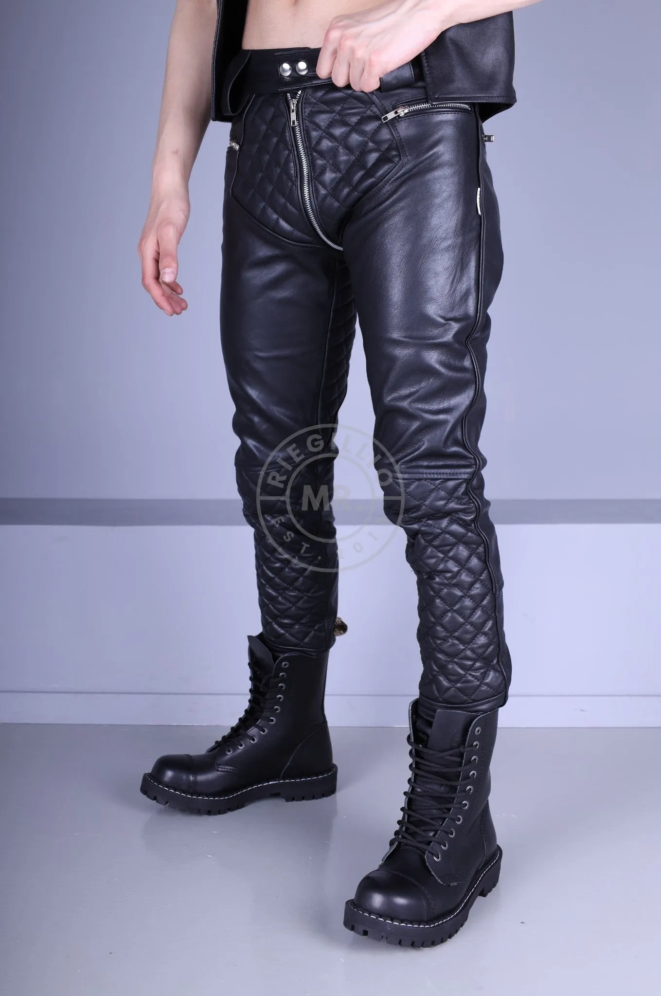 Padded Leather Pants - Black Piping