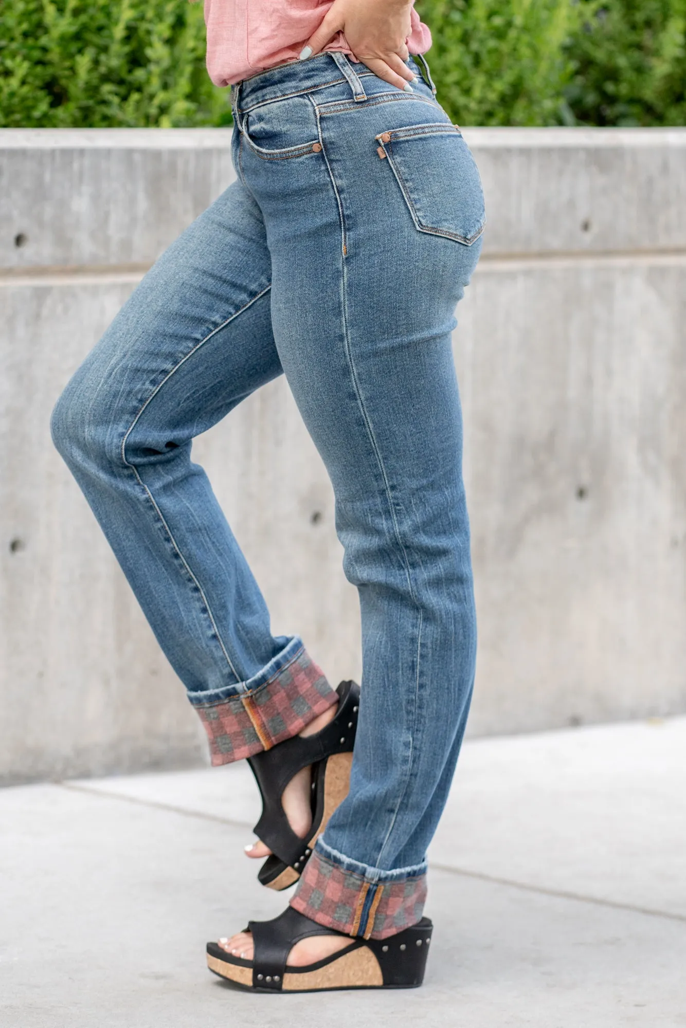 Plus Size Plaid Cuffed High Rise Cuffed Straight Leg (Long Inseam Option)