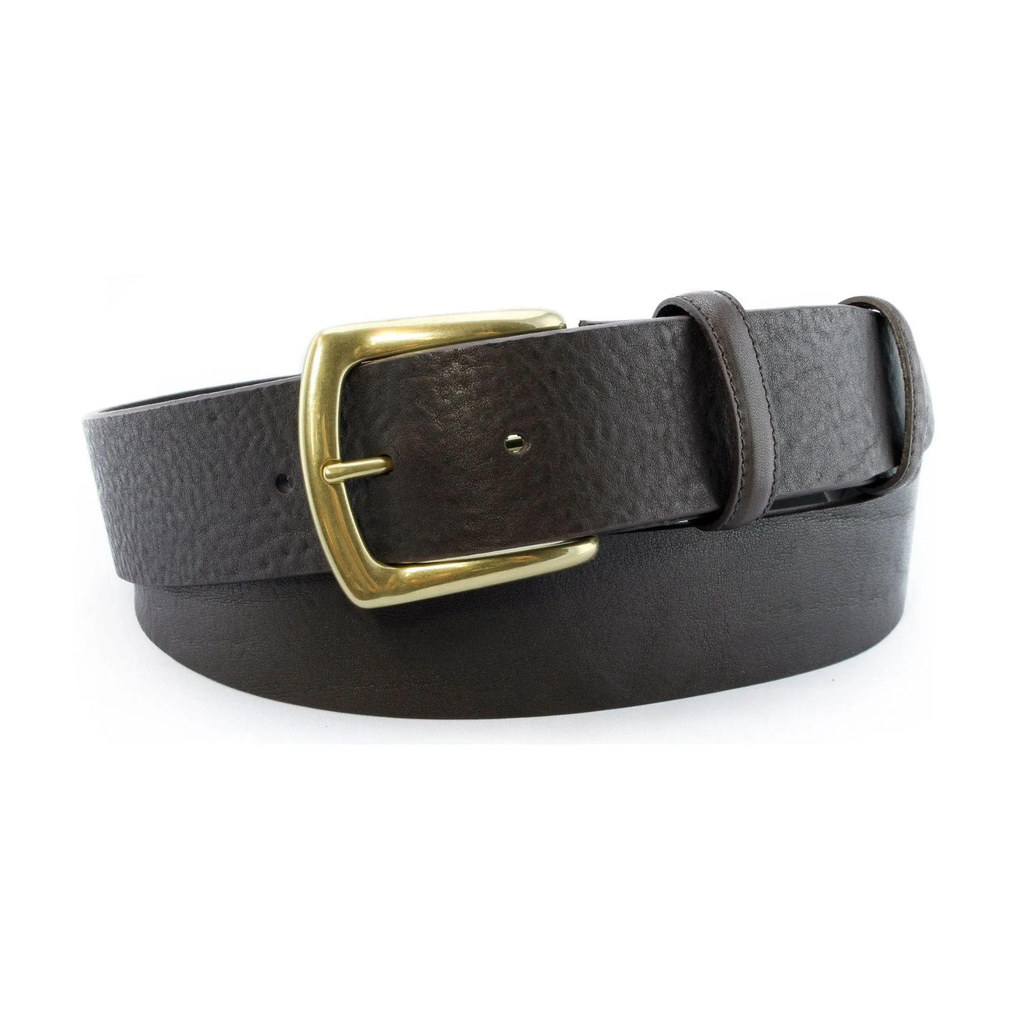 Rich brown tumbled leather belt with gold buckle