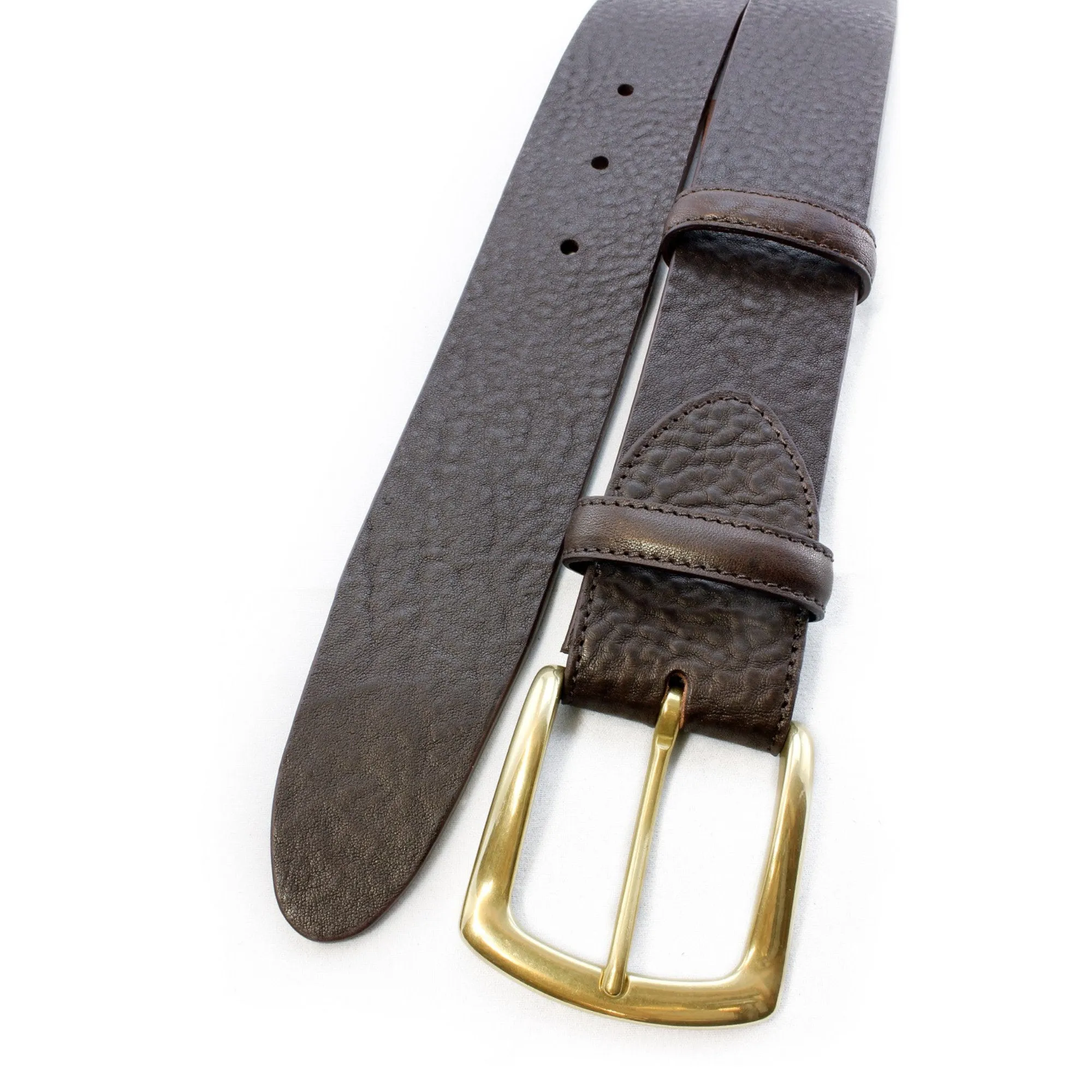 Rich brown tumbled leather belt with gold buckle