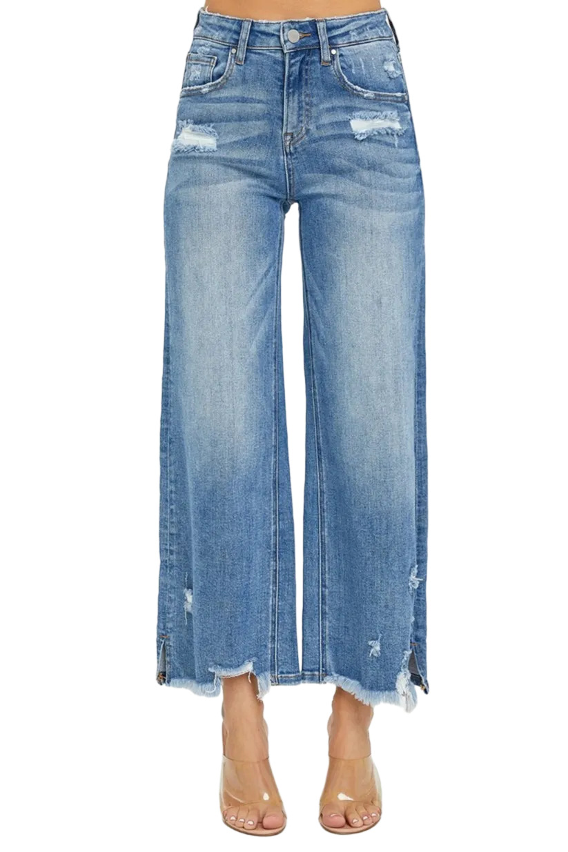 RISEN High Rise Side Slit Raw Hem Cropped Jeans