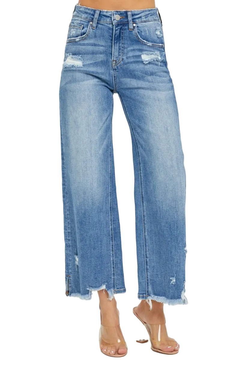 RISEN High Rise Side Slit Raw Hem Cropped Jeans