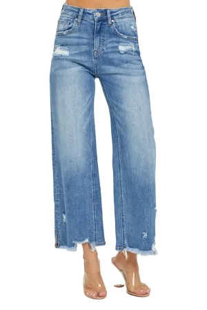 RISEN High Rise Side Slit Raw Hem Cropped Jeans