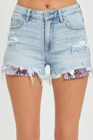 Sassy Sequin Hem Denim Shorts - Light