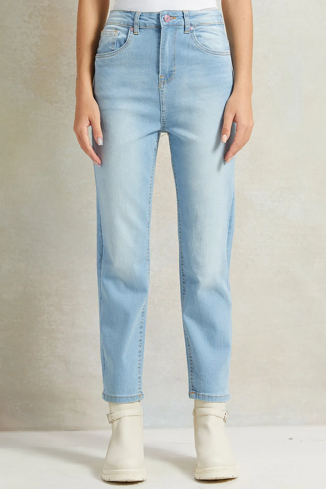 Senior Girls Blue Basic Straight Fit Jeans