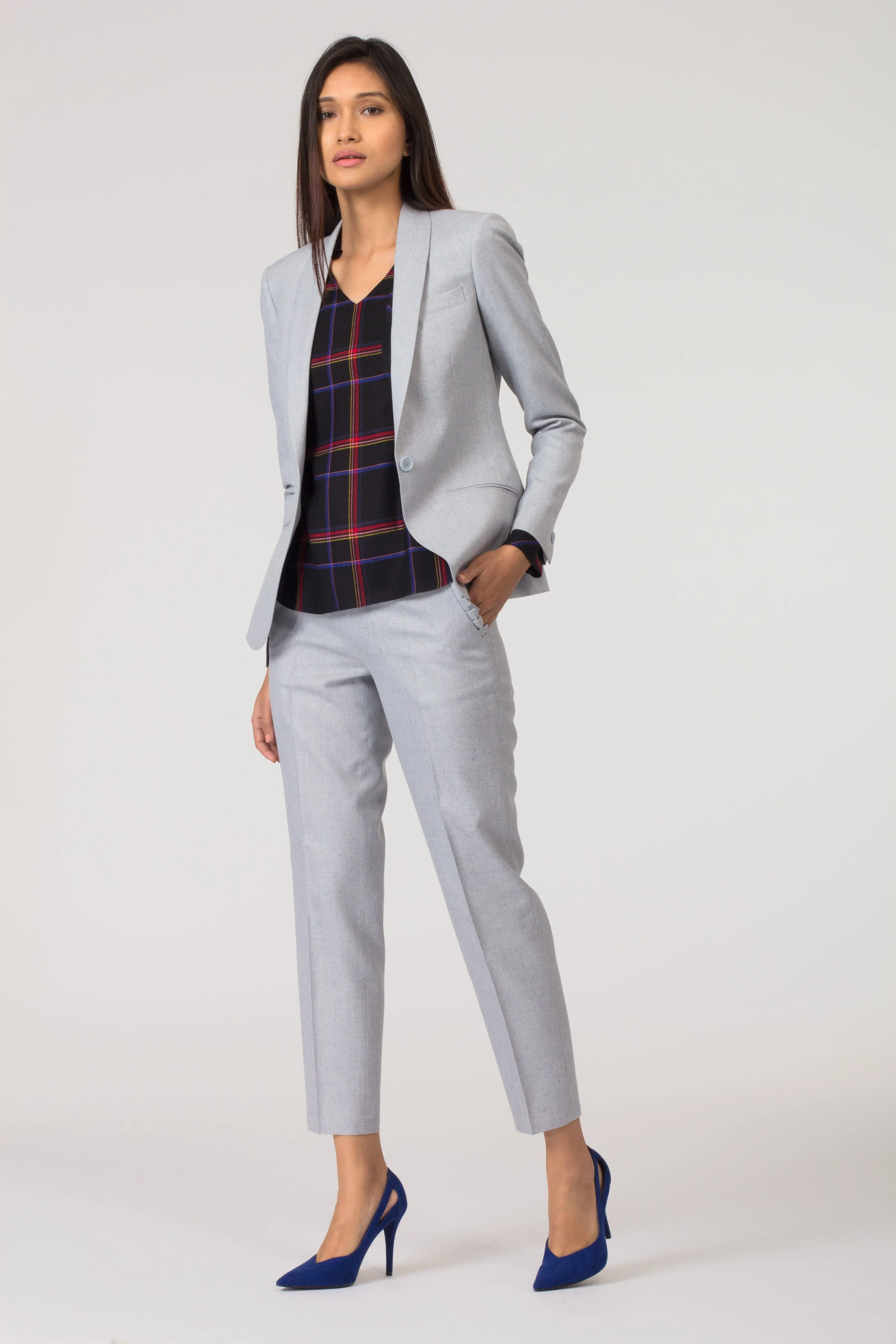 Stone Blue Trousers with Shawl Lapel Blazer