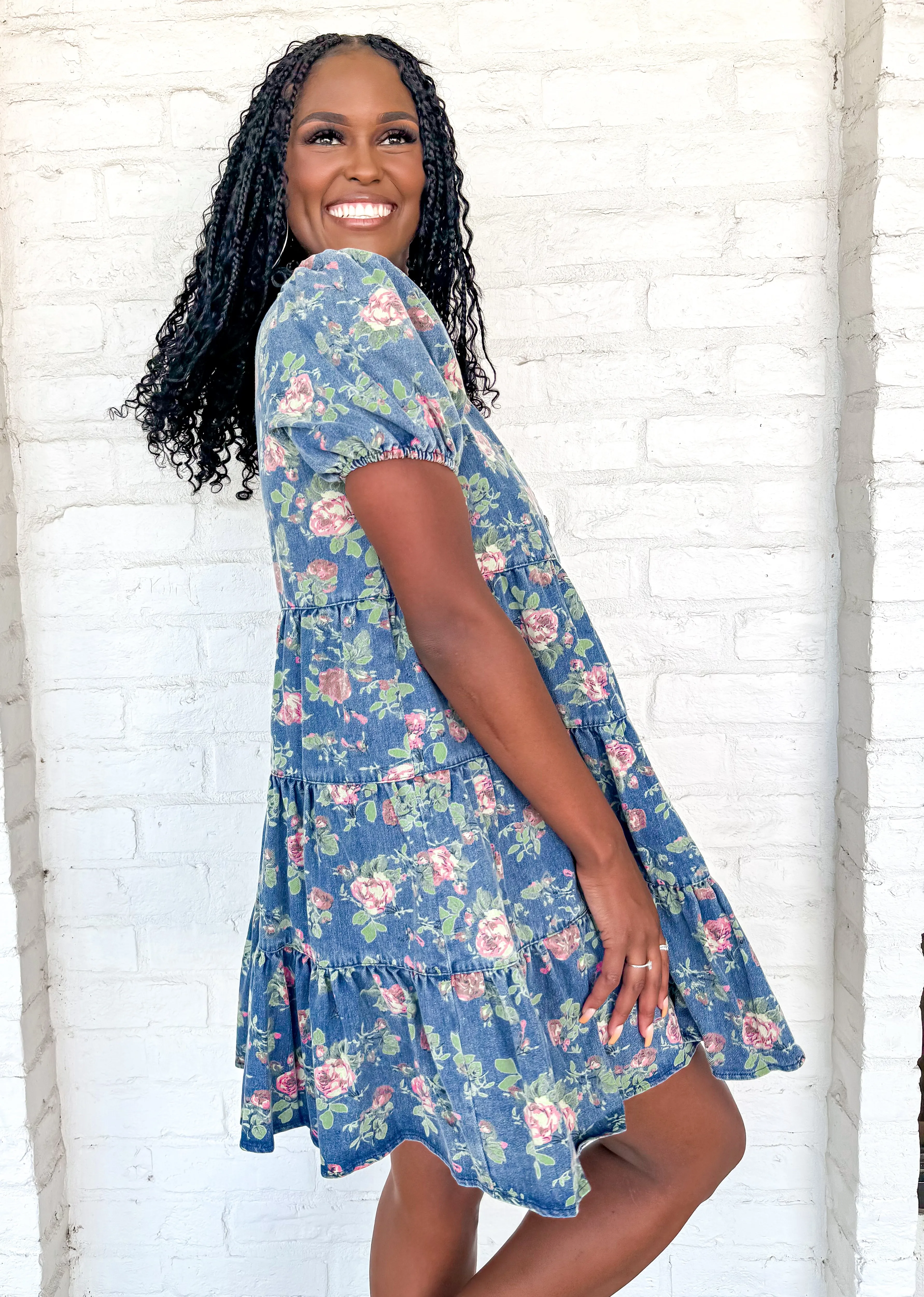 Throw Me Flowers Denim Dress