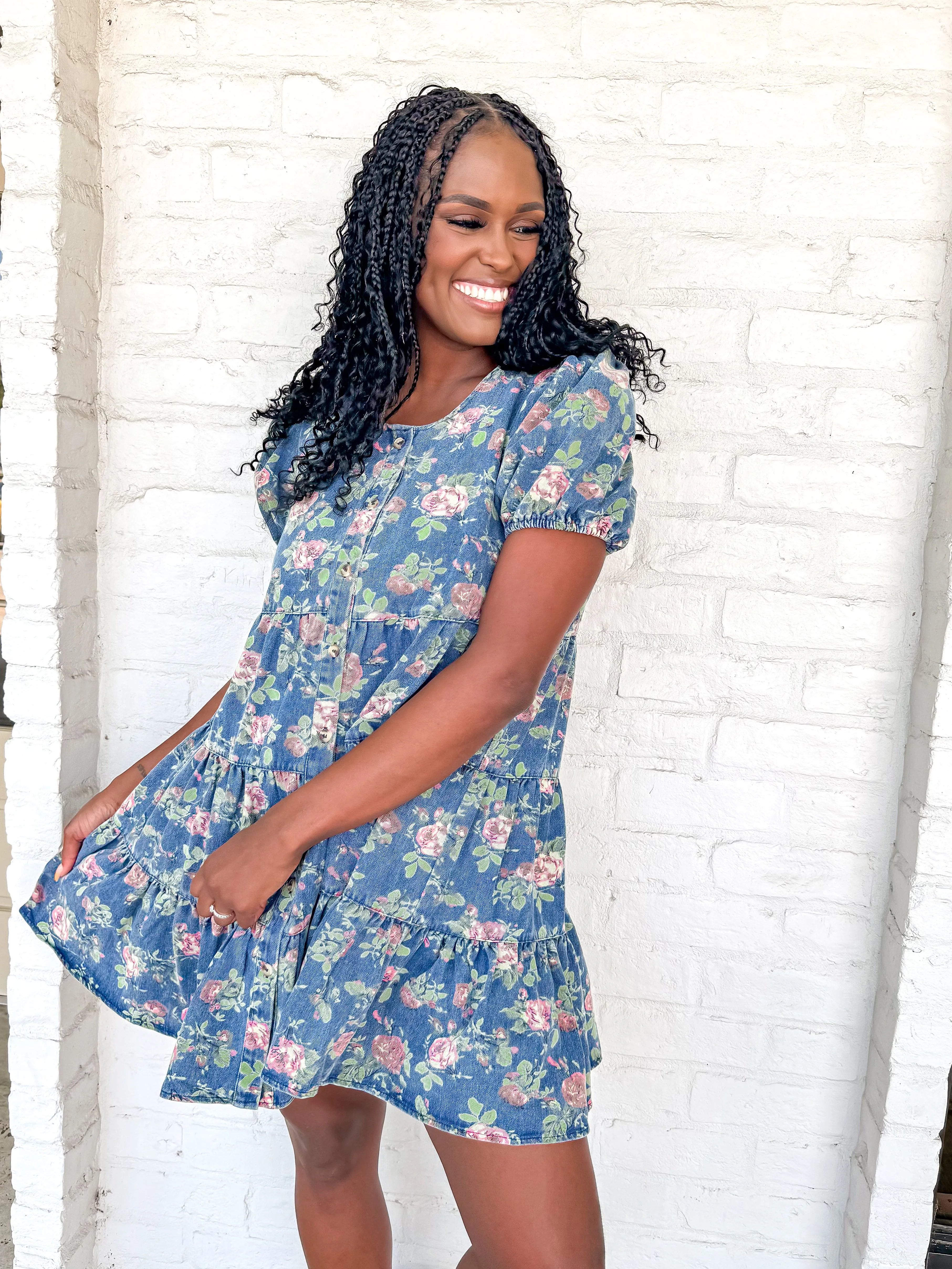 Throw Me Flowers Denim Dress