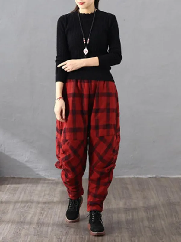 Vintage Plaid Thickening Pleated Harem Pants