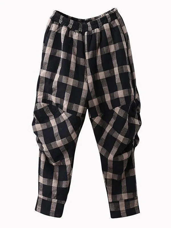 Vintage Plaid Thickening Pleated Harem Pants