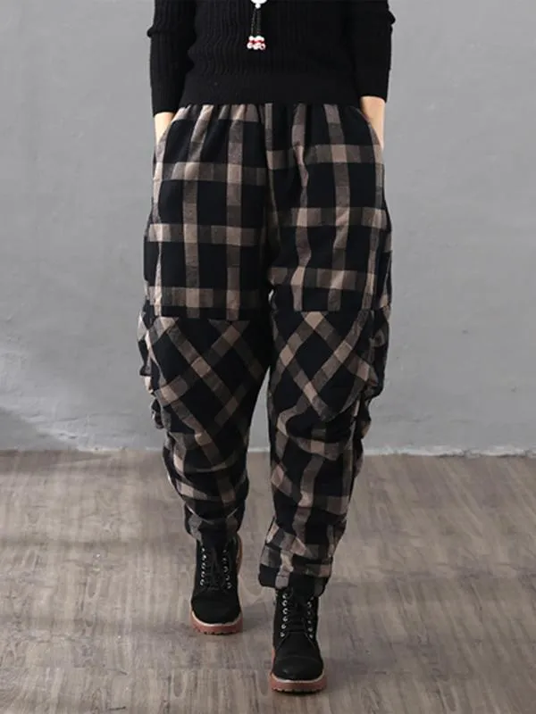 Vintage Plaid Thickening Pleated Harem Pants