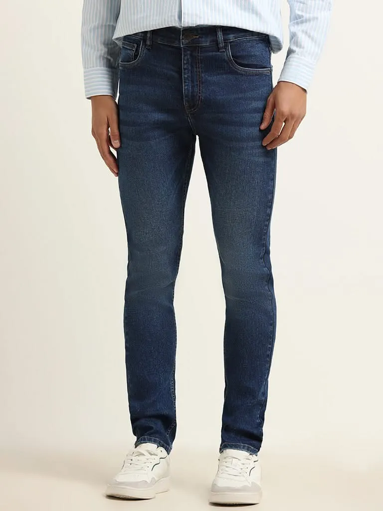 WES Casuals Plain Blue Slim Fit Mid Rise Jeans