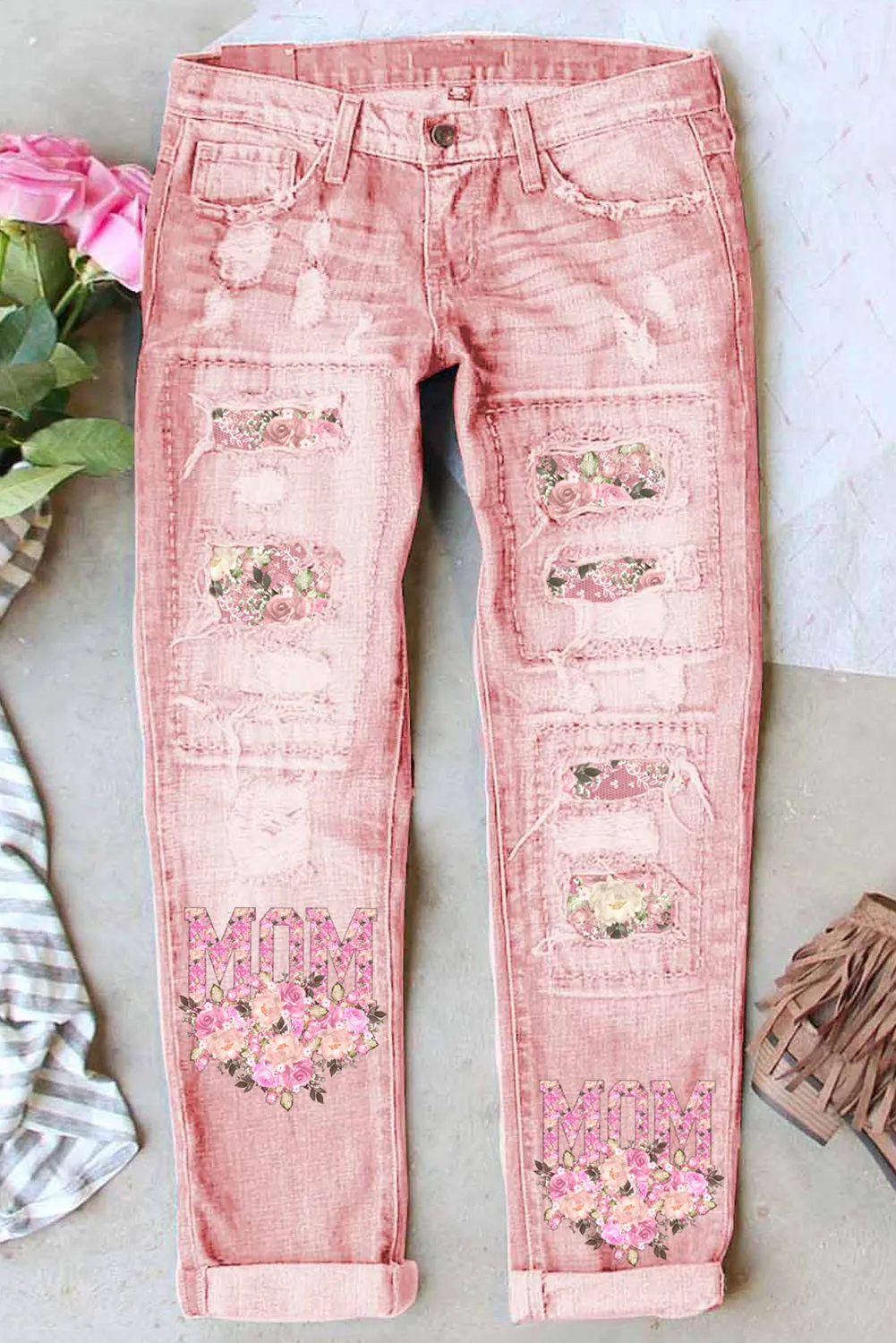 Women Pink Floral Print Destroyed Jeans Retro Patch Distressed Casual Denim Pants