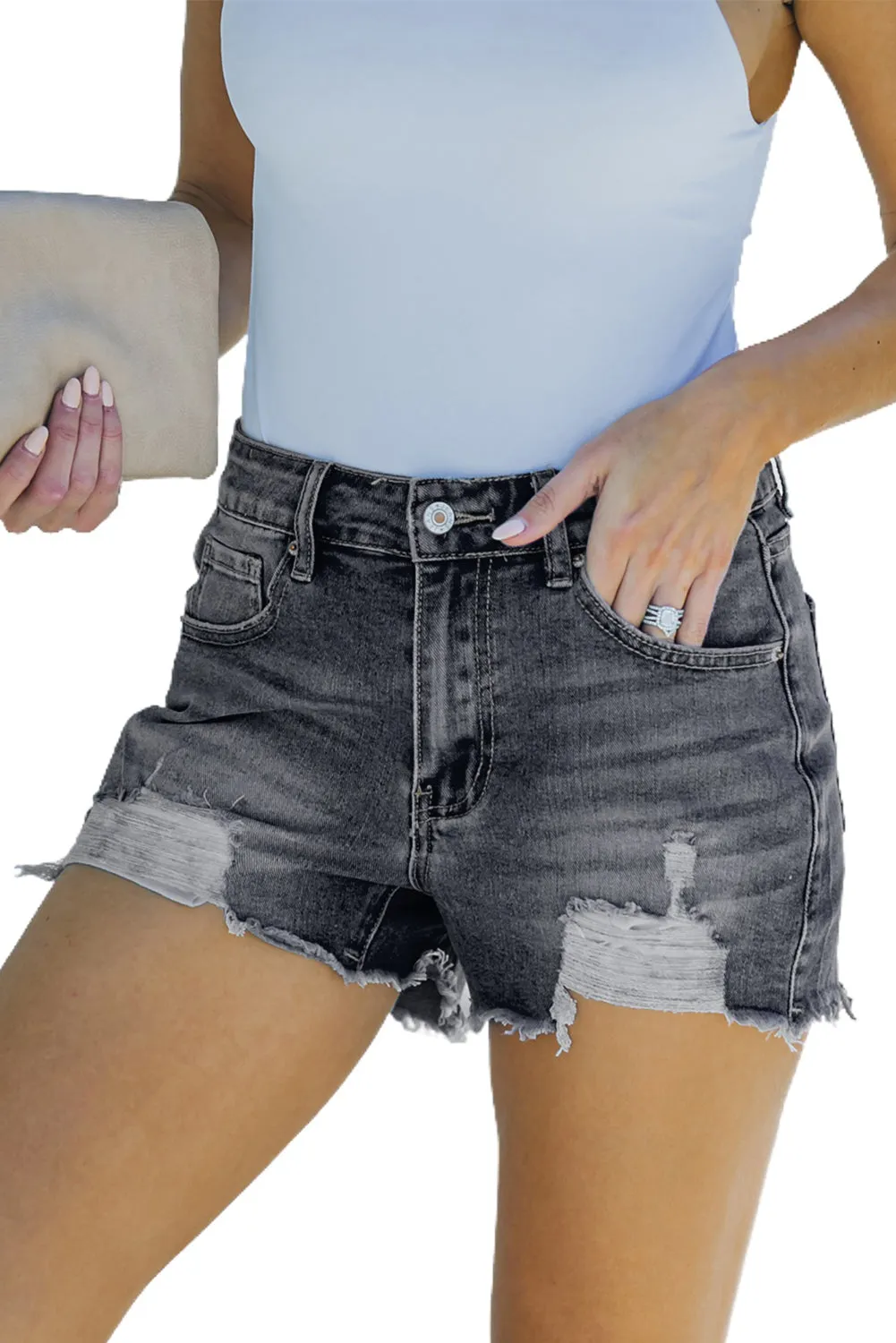 Womens Casual Jeans Distressed Frayed Denim Shorts