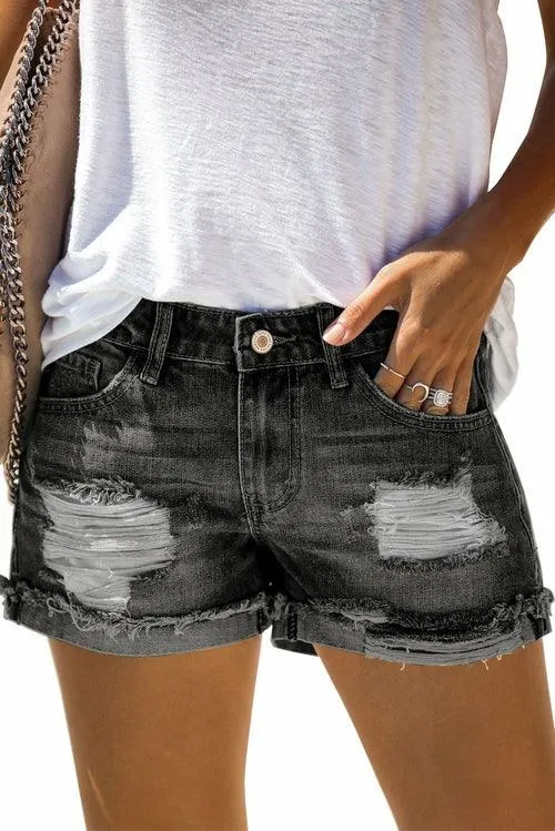 Women's Distressed Ripped Rolled Hem Blue Denim Shorts