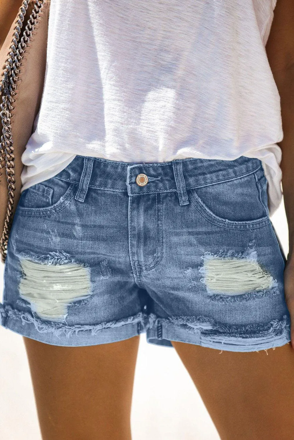 Women's Distressed Ripped Rolled Hem Blue Denim Shorts