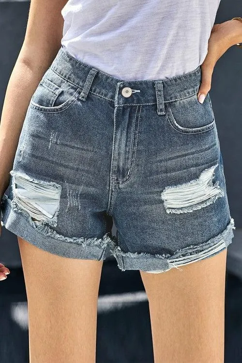 Women's Distressed Ripped Rolled Hem Blue Denim Shorts