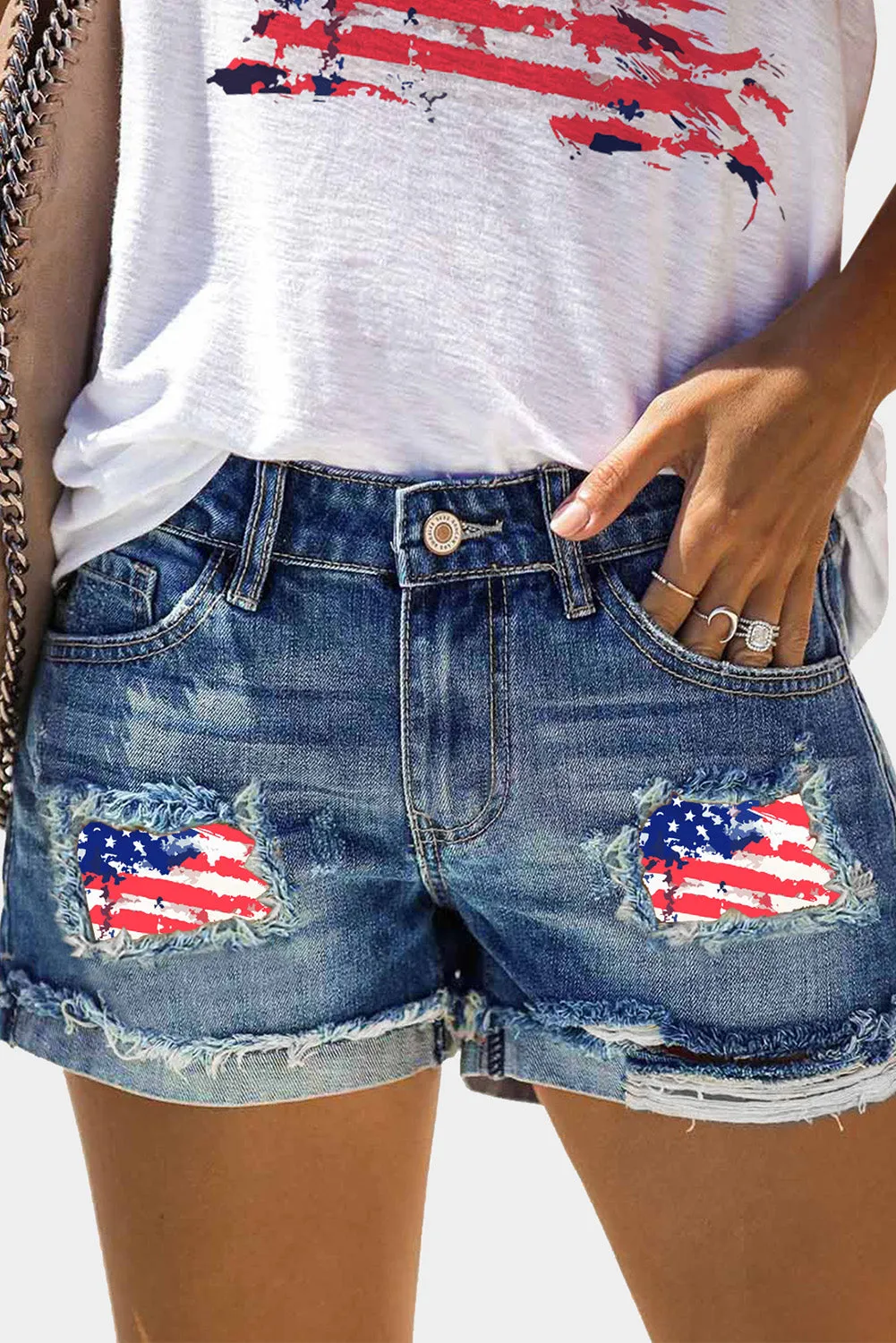 Women's Flag Patch Distressed Denim Shorts