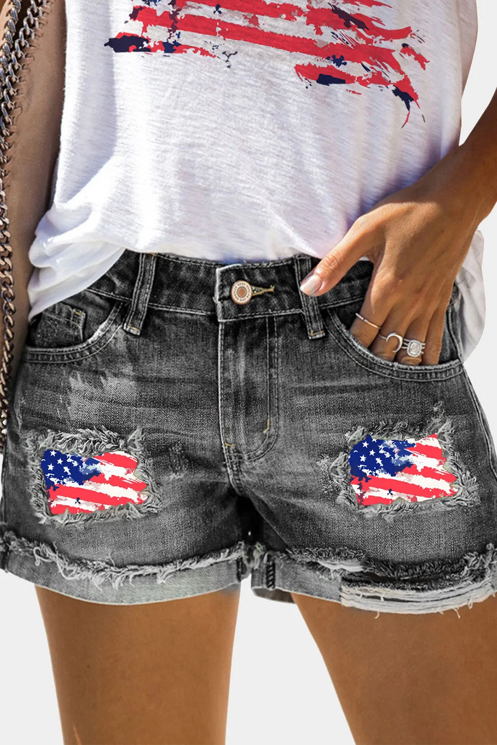 Women's Flag Patch Distressed Denim Shorts