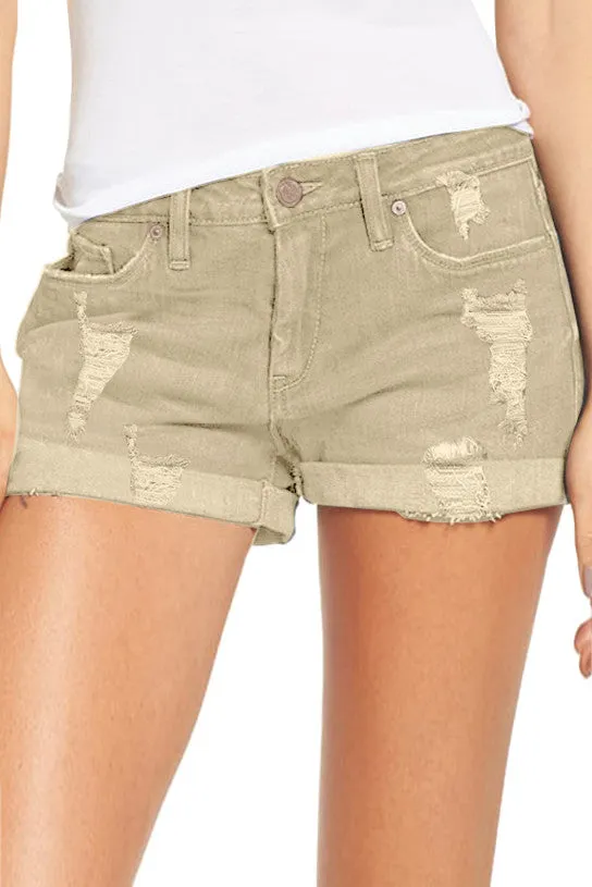 Women's High Waisted Distressed Jeans Ripped Rolled Hem Denim Shorts