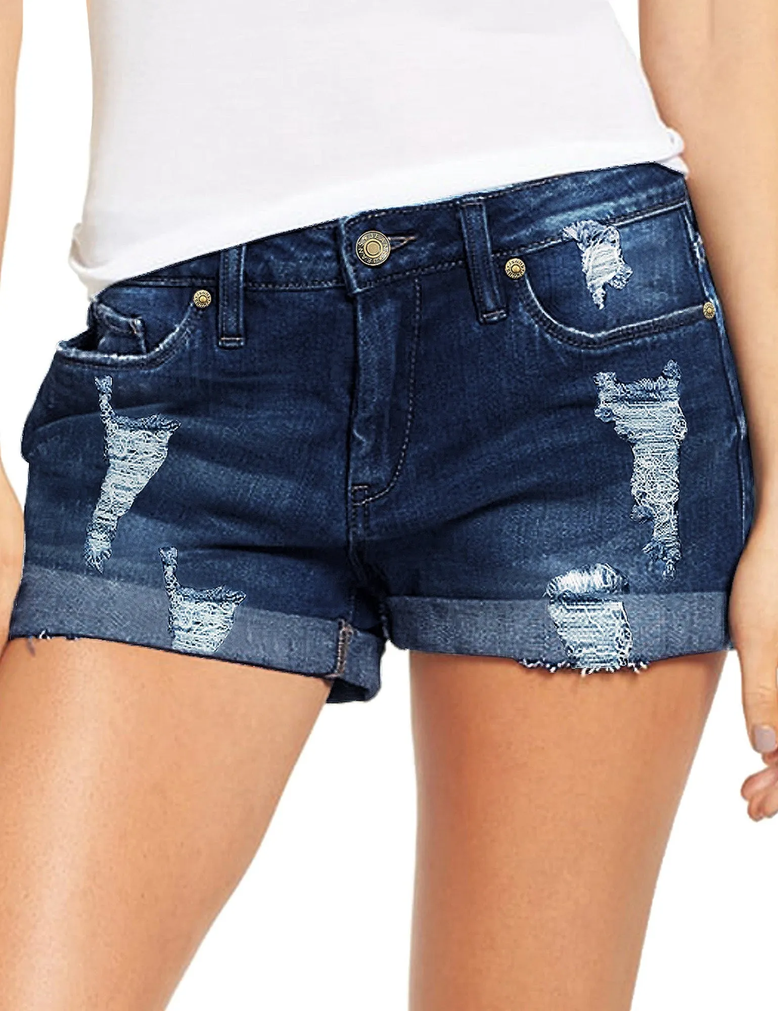 Women's High Waisted Distressed Jeans Ripped Rolled Hem Denim Shorts