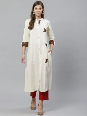 Women'S Sequin Work Cotton Flex Off White Kurta Plus Size