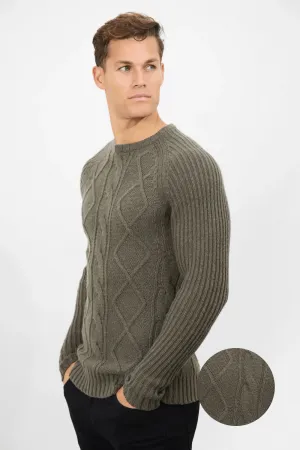 Wool Blend Chunky Cable Crew Neck in Khaki