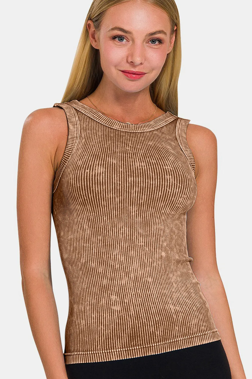 Zenana 2 Way Neckline Washed Ribbed Cropped Tank - ONLINE ONLY - 7-10 DAY SHIPPING